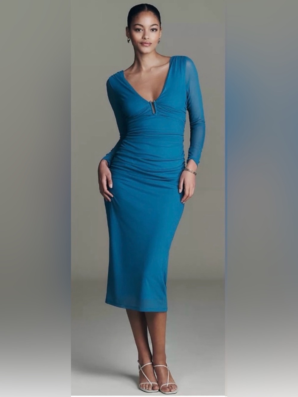 Anthropologie Long-Sleeve Deep-V Hardware Midi Dress in lagoon